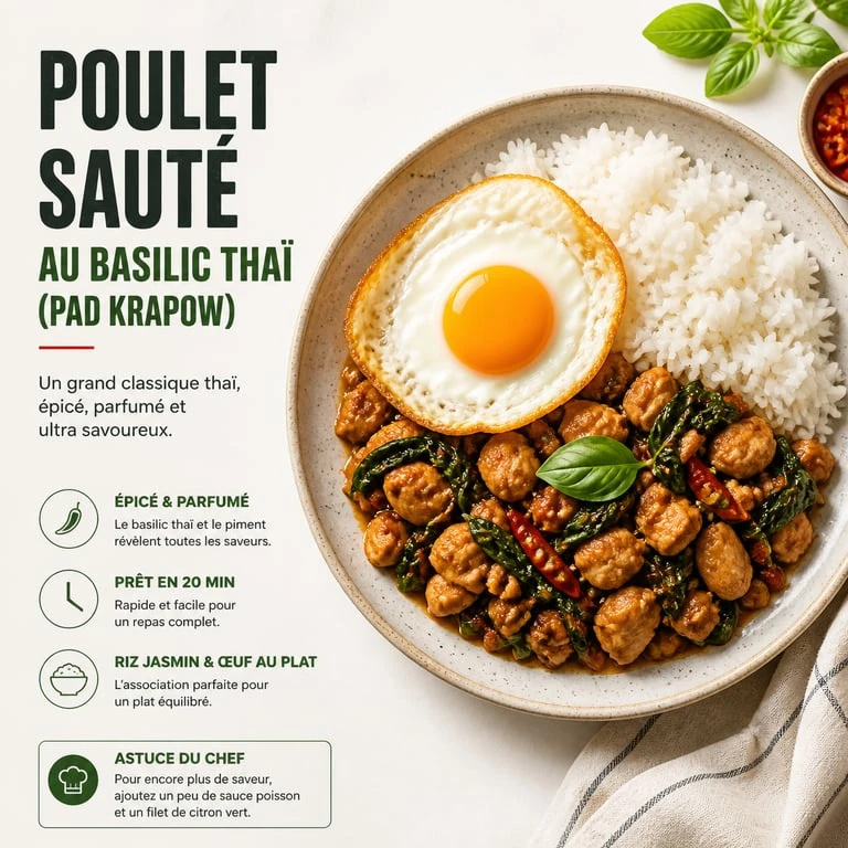 Poulet sauté au basilic thaï (Pad Krapow) servi avec riz jasmin et œuf au plat