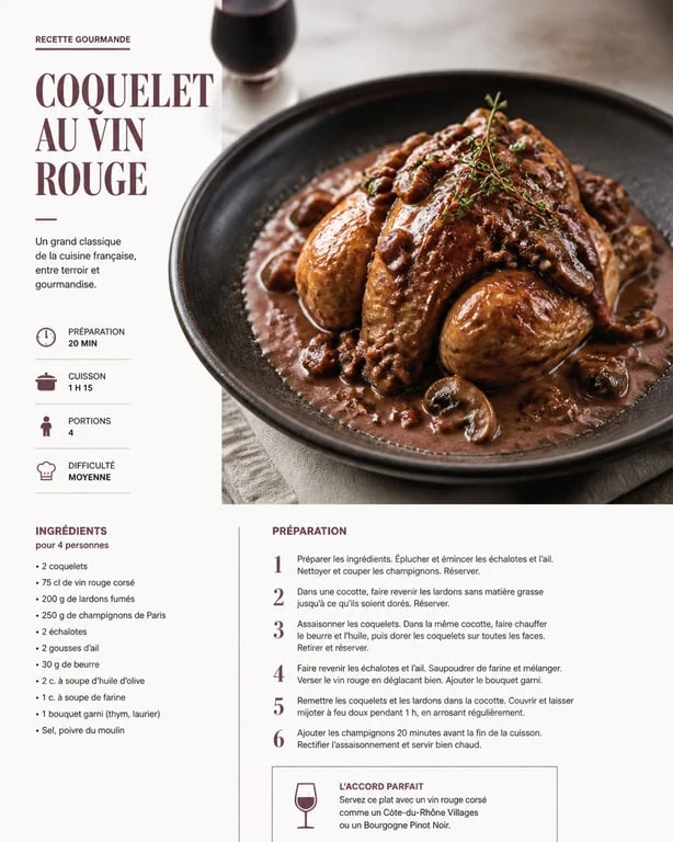 Coquelet au vin rouge cuisiné au Cookeo dans une assiette élégante