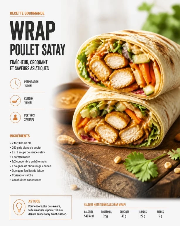 Wrap au poulet satay et légumes croquants, une idée de snacking sain et gourmand pour la restauration rapide.