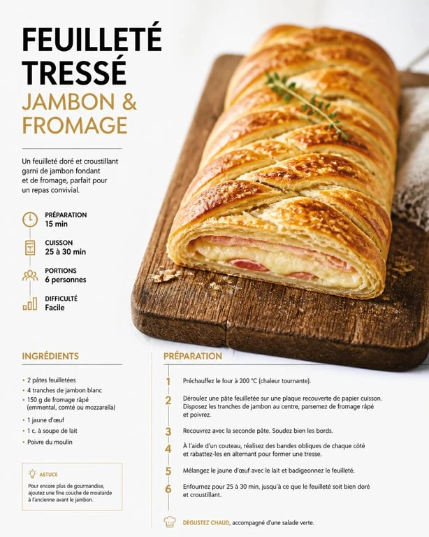 Feuilleté tressé au jambon et fromage croustillant, recette avec de la pâte feuilletée