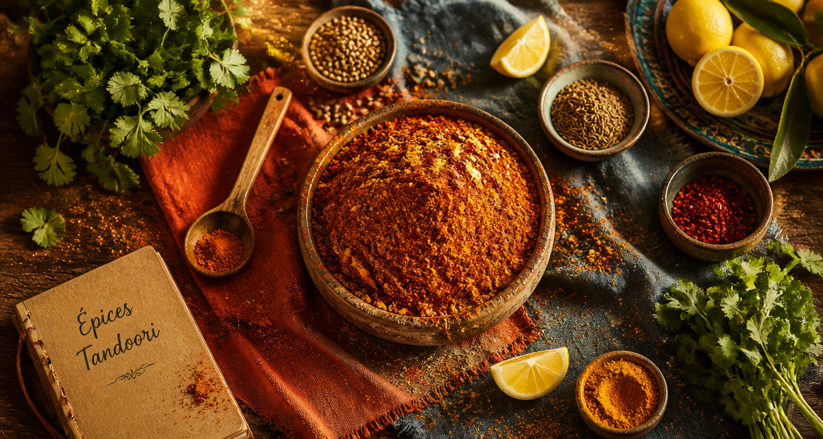 mélange épices tandoori maison sur table rustique