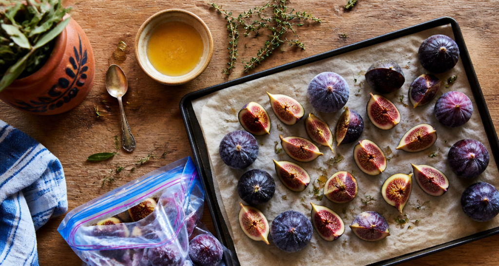 figues congelées sur plaque et table