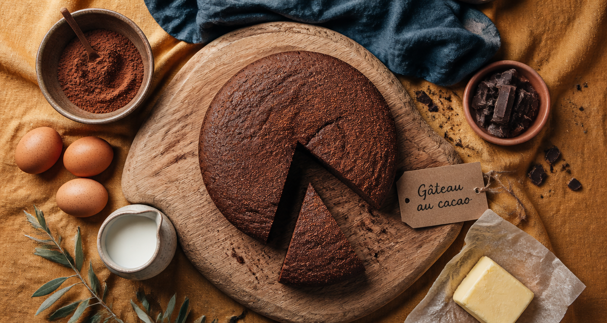 gateau cacao maison sur planche avec ingrédients