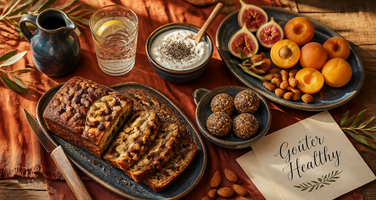 Gouter healthy avec banana bread, yaourt grec, energy balls et fruits frais