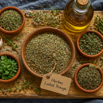 Herbes de Provence en bol sur planche en bois