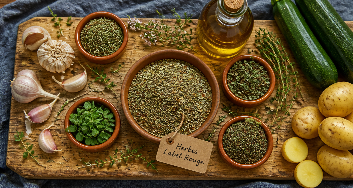 Herbes de Provence en bol sur planche en bois