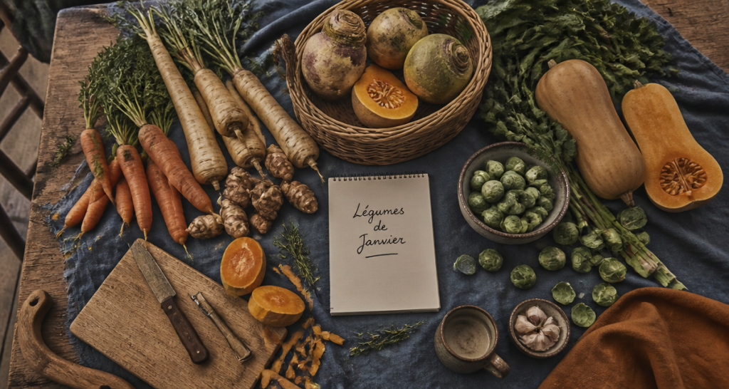 légumes de saison janvier sur table en bois