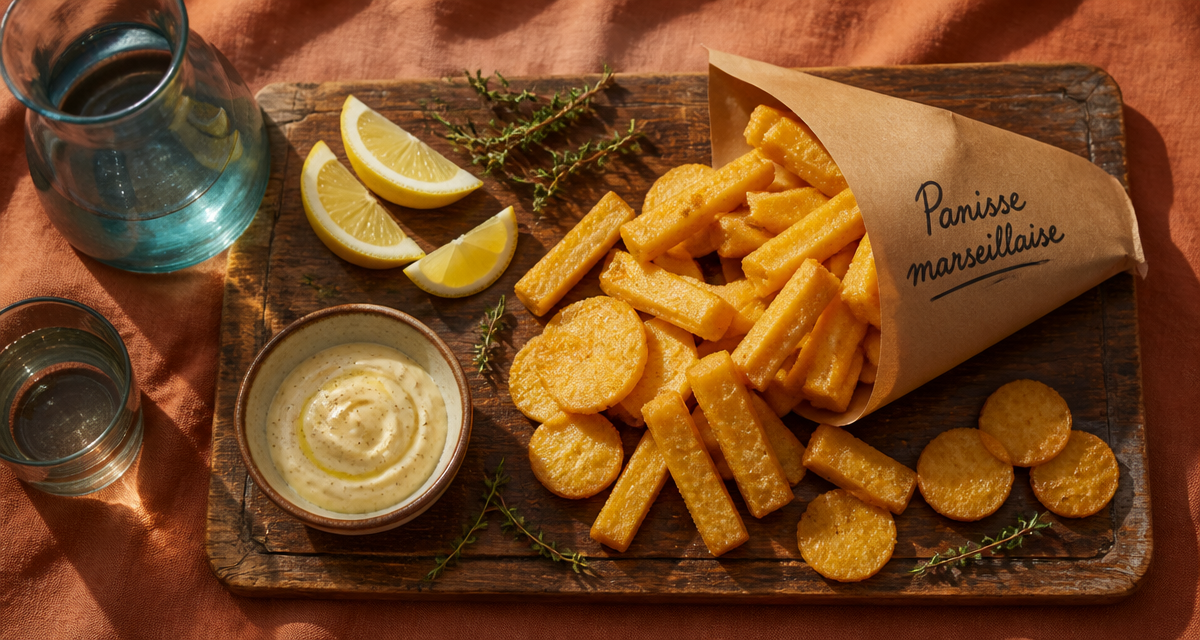 panisse marseillaise dorée, bâtonnets et rondelles, servie avec aïoli