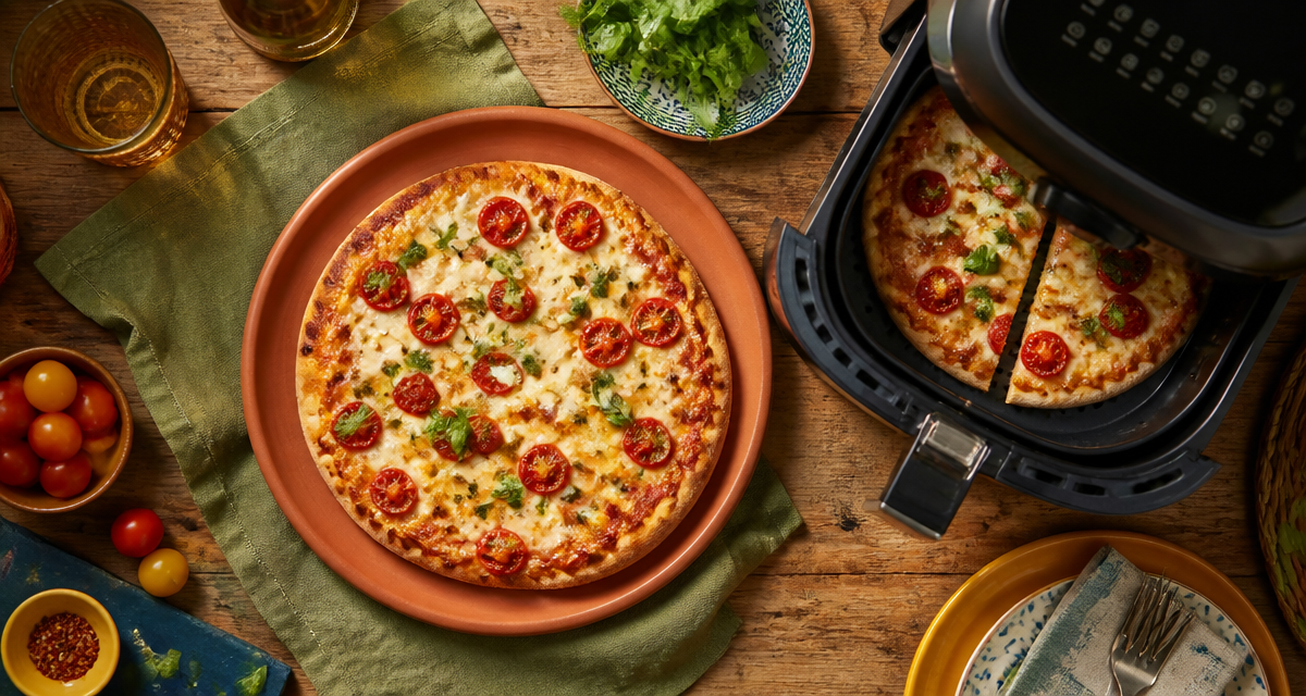 Pizza surgelée airfryer dorée sur assiette