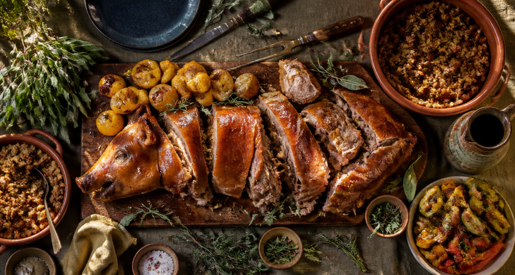 Porcelet a la broche decoupe sur planche avec legumes