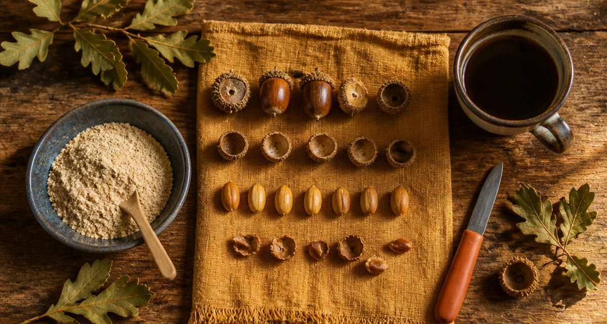 que faire avec des glands de chêne sur table rustique