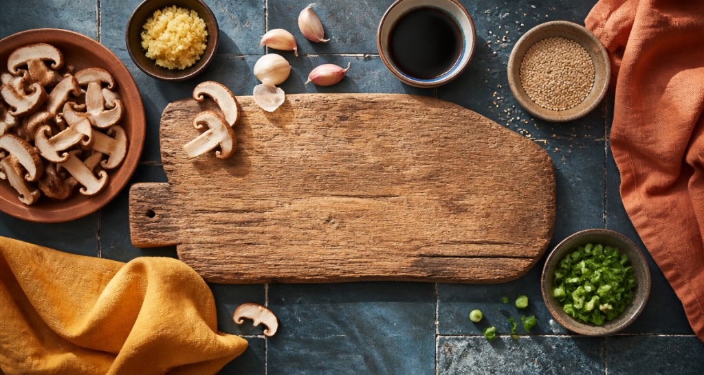 shiitakes recettes ingrédients frais sur planche
