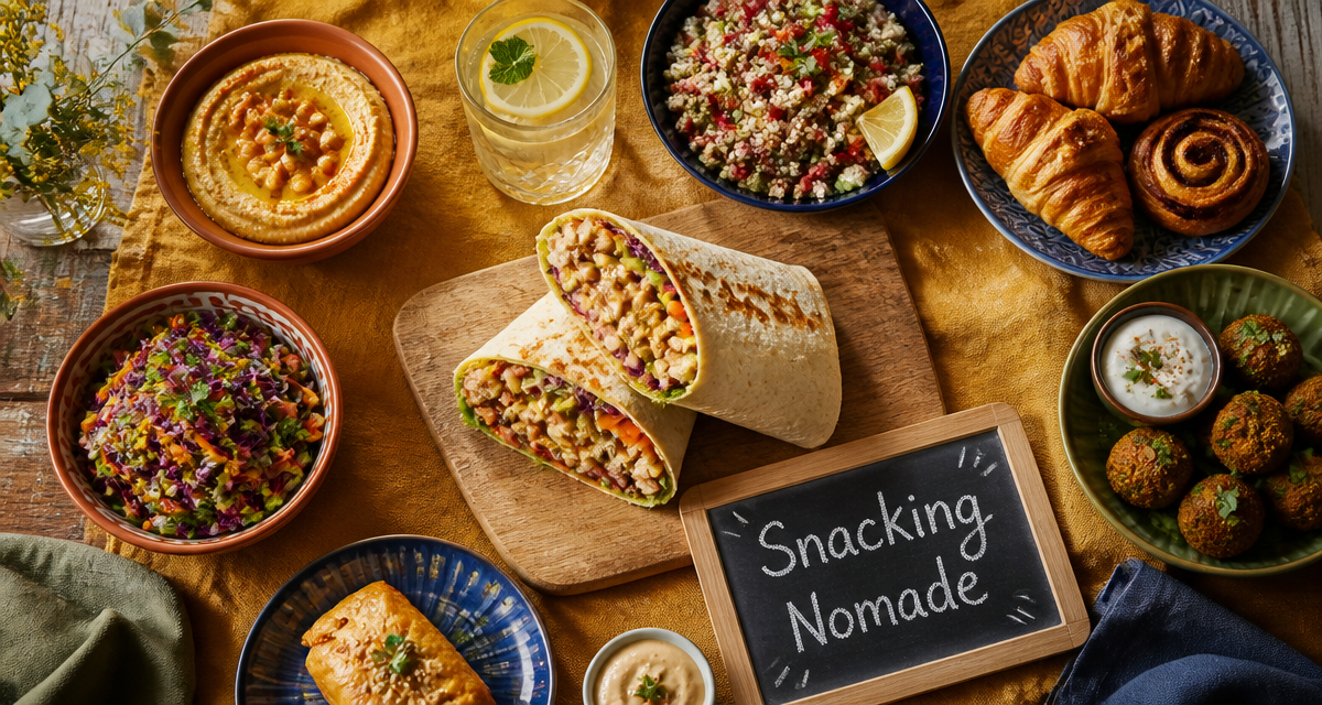 Table snacking avec wrap, bowls et boissons