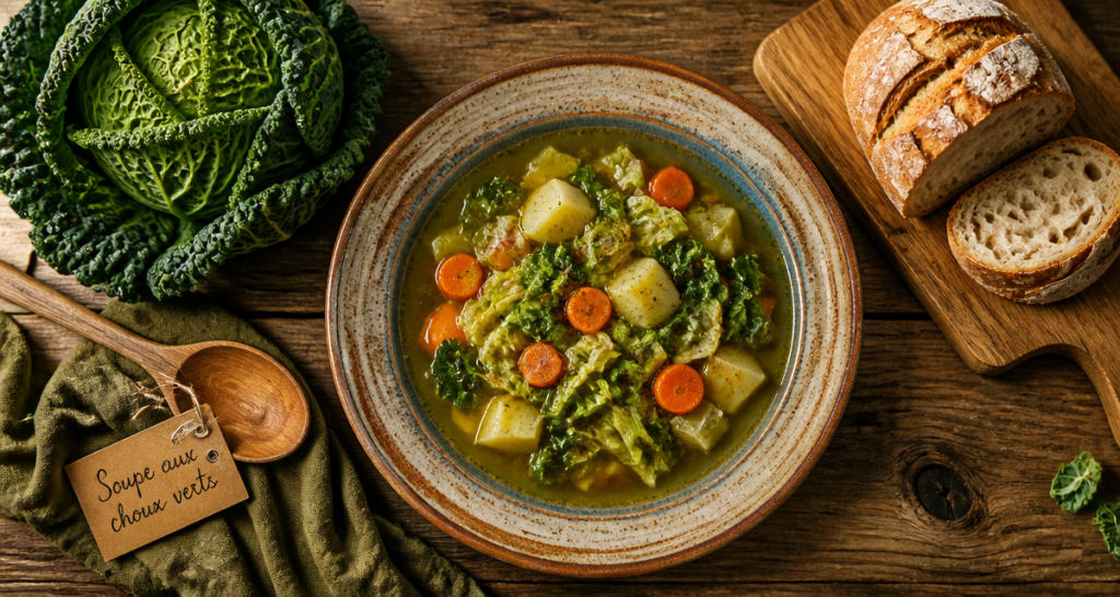 Soupe aux choux verts paysanne avec légumes