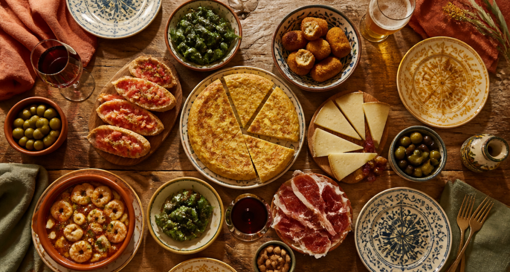 Assortiment de tapas espagnols sur table rustique