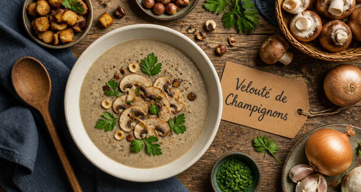 velouté de champignons thermomix en bol sur table rustique