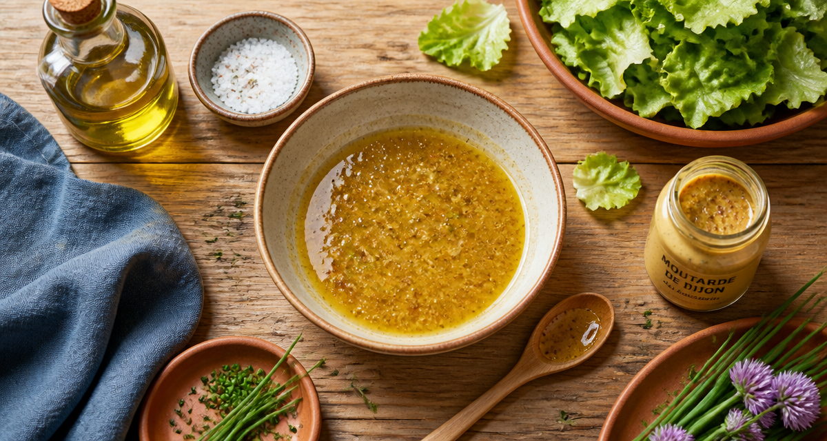 Vinaigrette moutarde dorée dans bol céramique