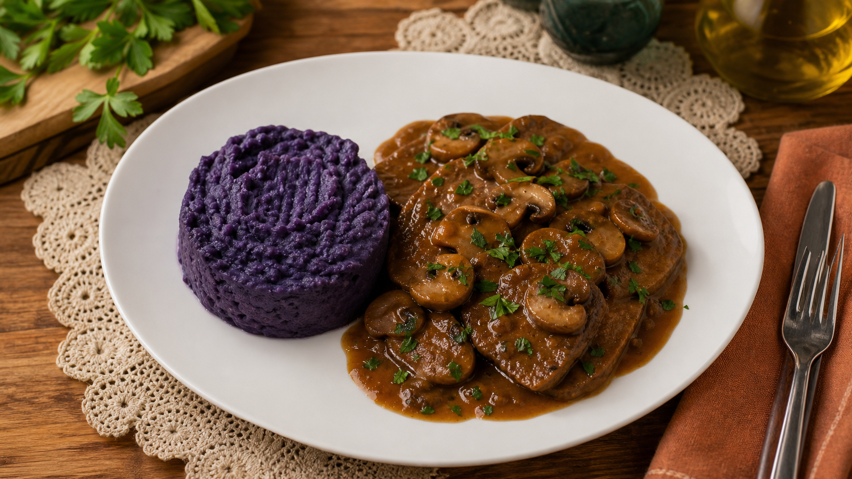 Accompagnement pour langue de boeuf avec sauce Madère, champignons et vitelotte
