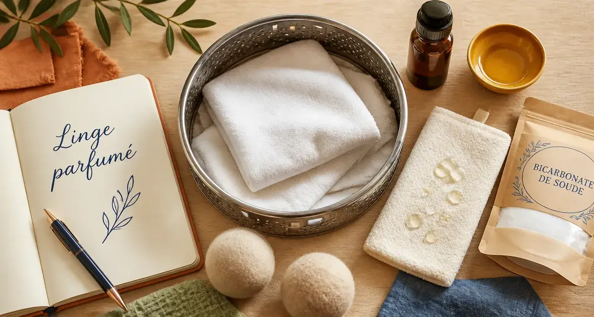 Astuce bonne odeur sèche-linge : linge blanc, huiles essentielles et bicarbonate