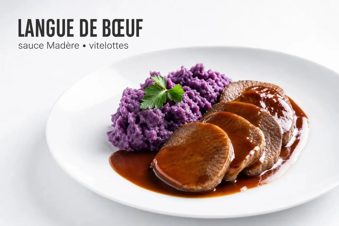 Langue de bœuf sauce Madère et son écrasé de vitelotte, une idée d'accompagnement pour langue de bœuf traditionnelle.