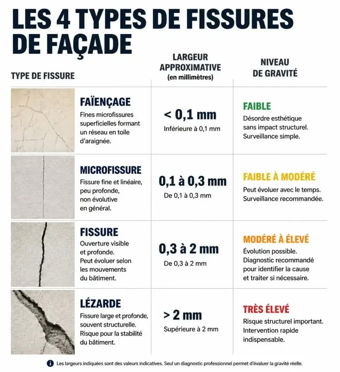 Infographie comparative des types de fissures sur crépi extérieur : faïençage, microfissure, fissure et lézarde