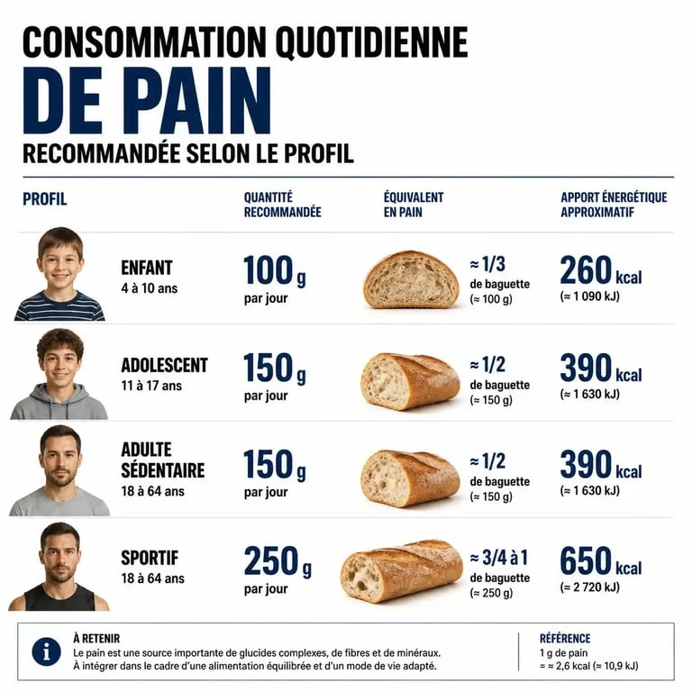 Infographie sur la quantité de pain par jour recommandée selon le profil