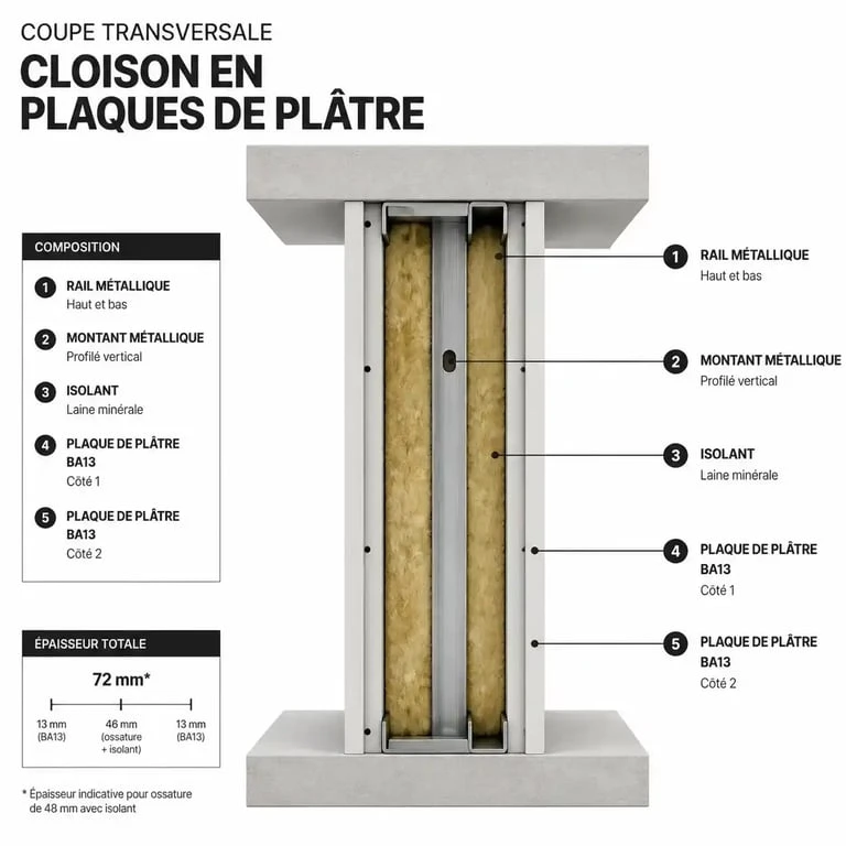 Schéma technique de l'épaisseur d'une cloison Placo avec rail et isolant