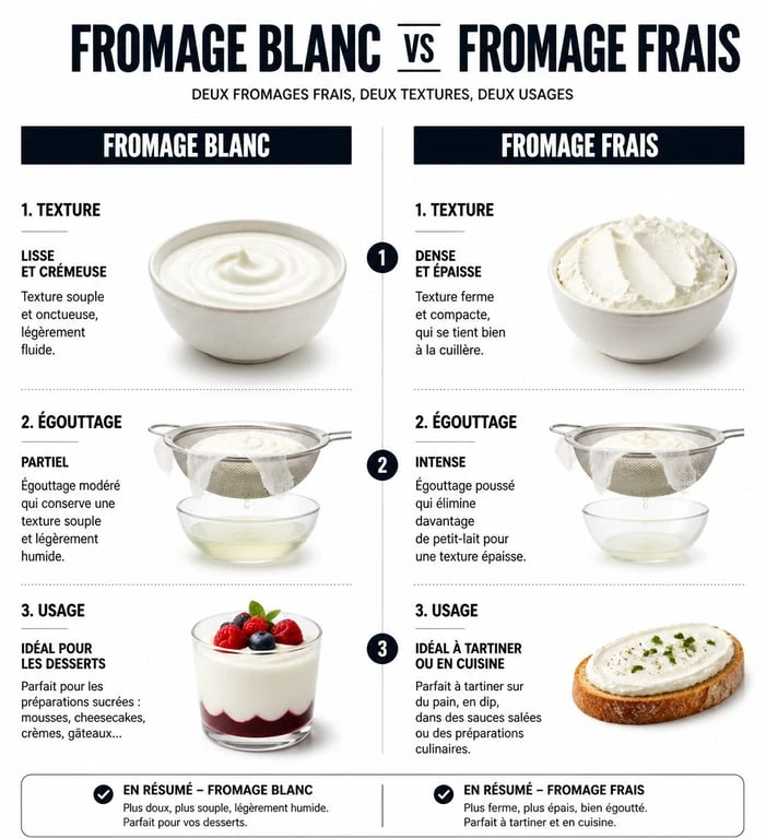 Infographie comparative illustrant les différences de fabrication, texture et usage entre le fromage blanc et le fromage frais