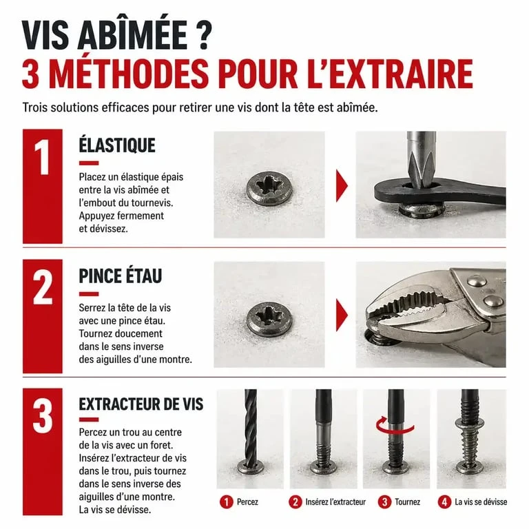 Schéma illustrant les méthodes pour réparer un pas de vis foiré et extraire une vis abîmée