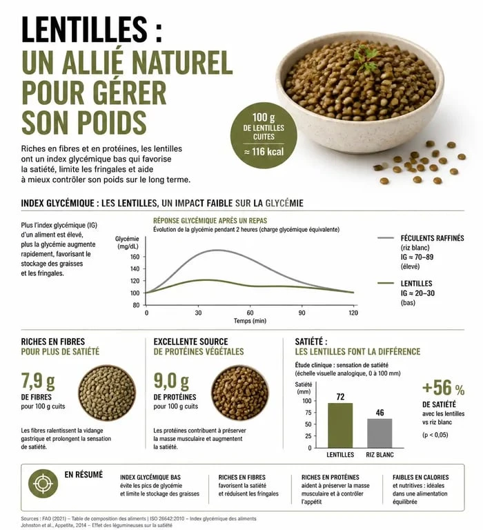 Infographie sur les bienfaits des lentilles et leur impact sur le poids et la satiété