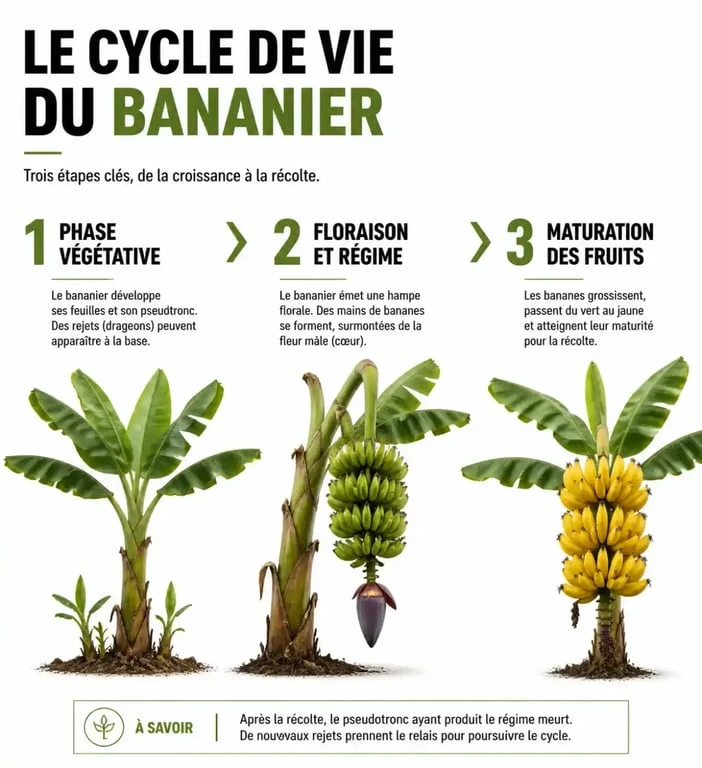 Infographie illustrant le cycle de vie et le temps de pousse d'un bananier