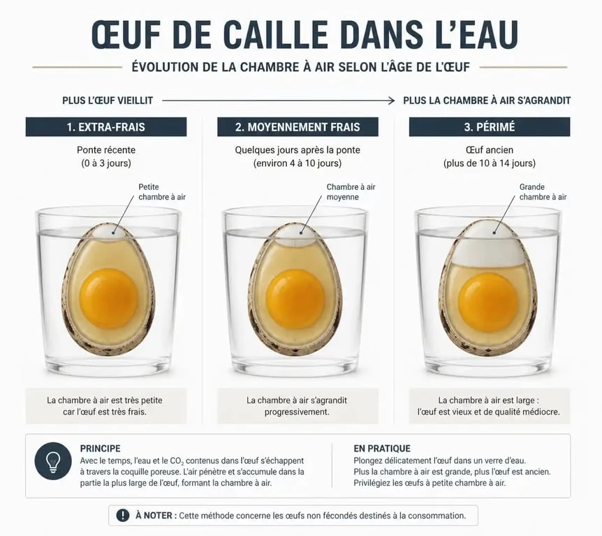 Schéma explicatif de la flottaison des œufs de caille et de l'évolution de la chambre à air selon la fraîcheur