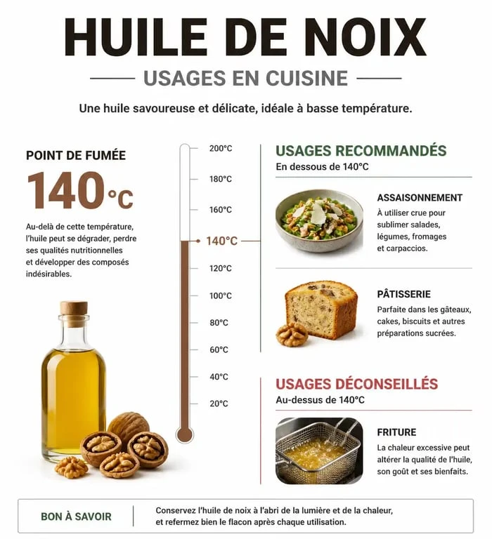 Infographie sur les usages de l'huile de noix pour la cuisson et ses points de fumée