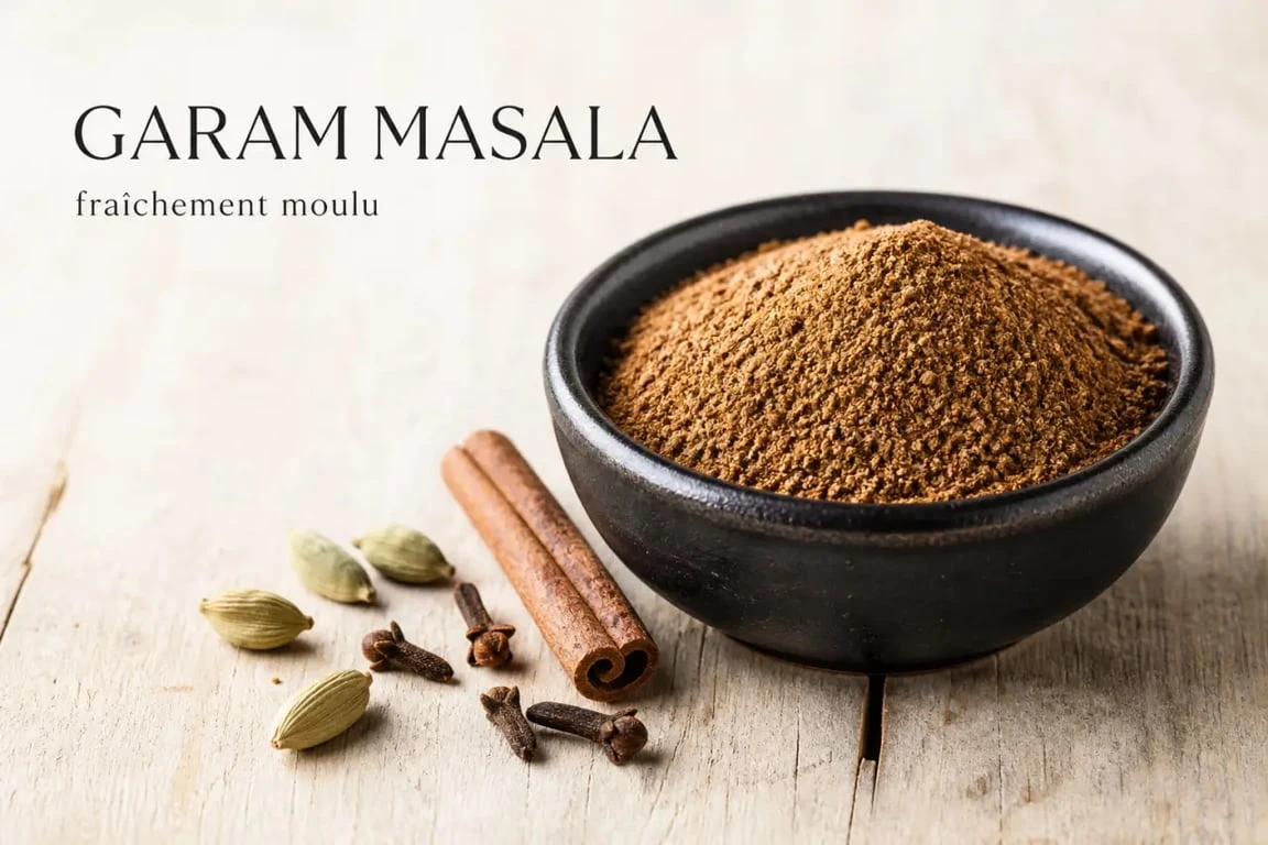 Garam masala composition : mélange d'épices fraîchement moulu dans un bol avec des épices entières