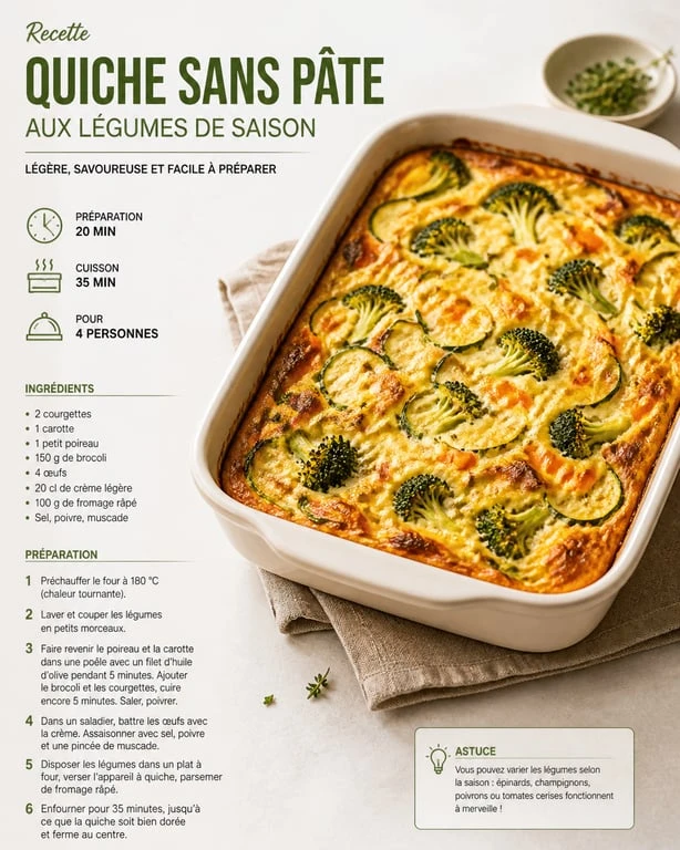Quiche sans pâte aux légumes de saison, une recette facile et pas cher pour un repas équilibré.