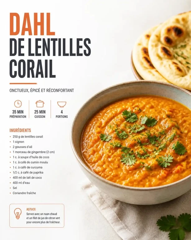 Dahl de lentilles corail onctueux, plat équilibré pour un menu famille semaine