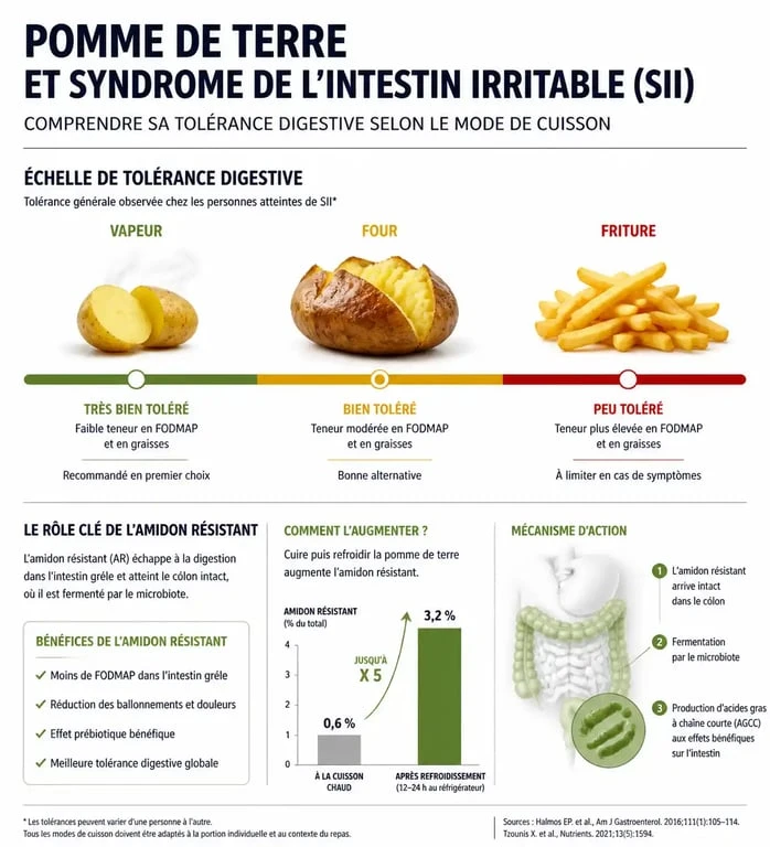 Infographie sur la tolérance de la pomme de terre et intestin irritable, montrant les meilleurs modes de cuisson pour le syndrome du côlon irritable.