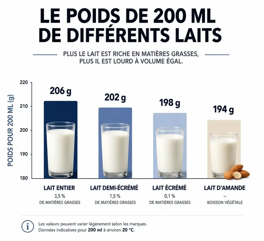 Infographie comparative du poids de 200 ml de lait selon le type : entier, demi-écrémé, écrémé ou végétal.