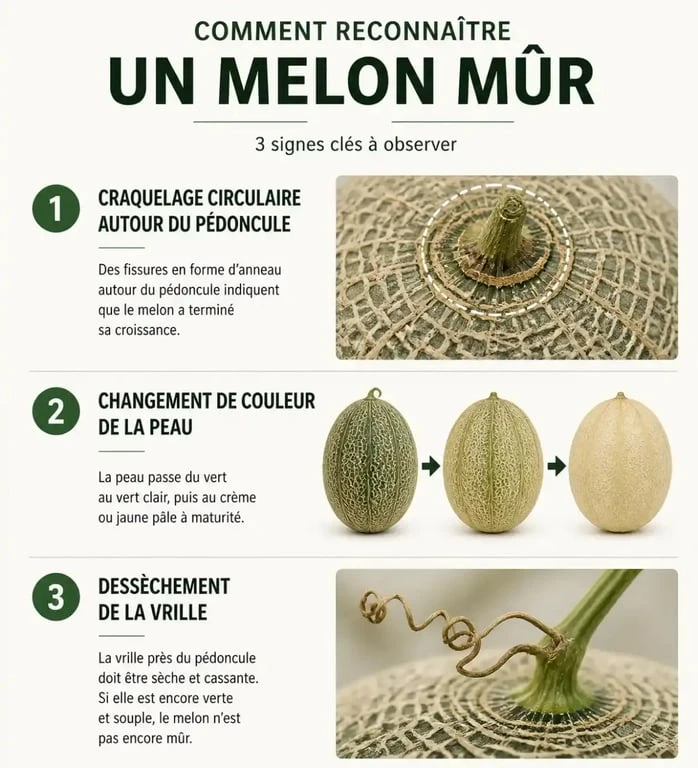 Infographie des signes de maturité pour savoir quand cueillir un melon au potager