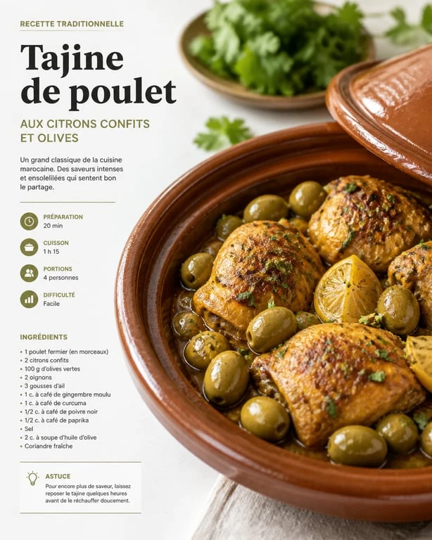 Plat a base de poulet : tajine aux citrons confits et olives servi dans une cocotte traditionnelle