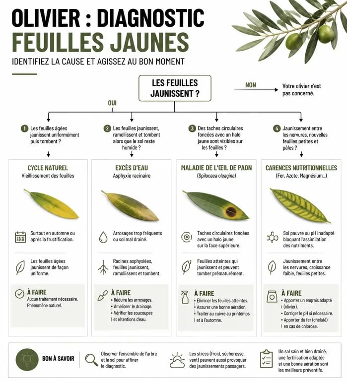 Schéma de diagnostic pour identifier pourquoi les feuilles de votre olivier deviennent jaunes