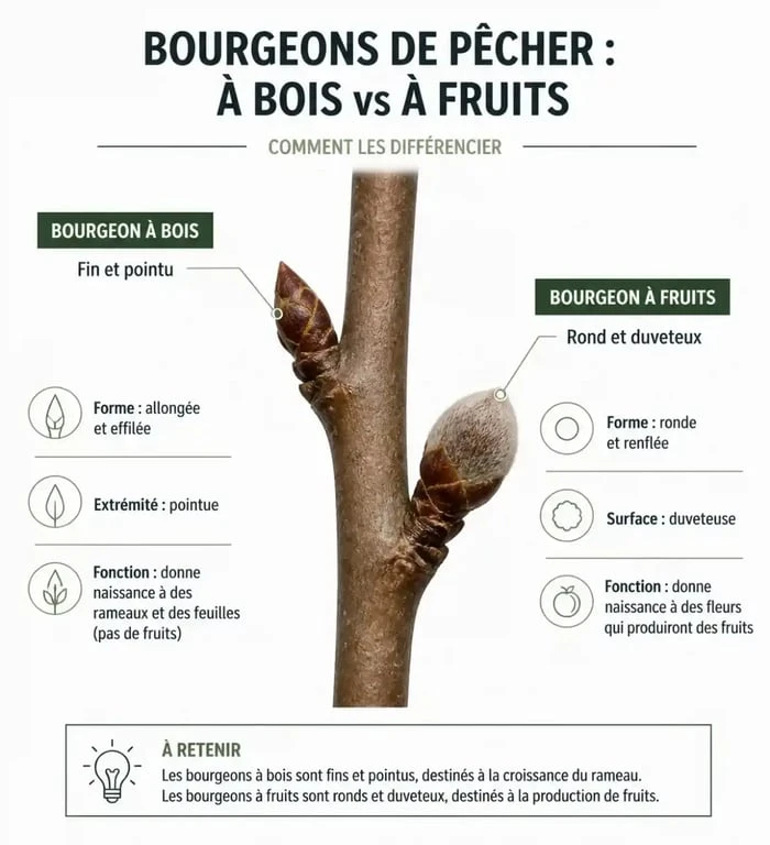 Schéma explicatif des bourgeons à bois et à fruits pour la taille du pêcher