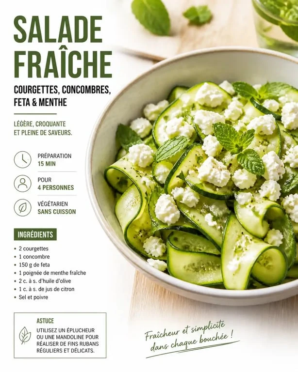 Salade fraîcheur de courgette et concombre à la feta et menthe