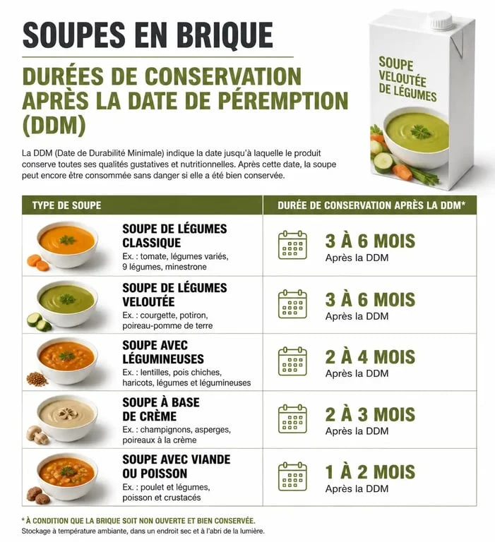Infographie des durées de conservation des soupes en brique après la date de péremption (DDM)