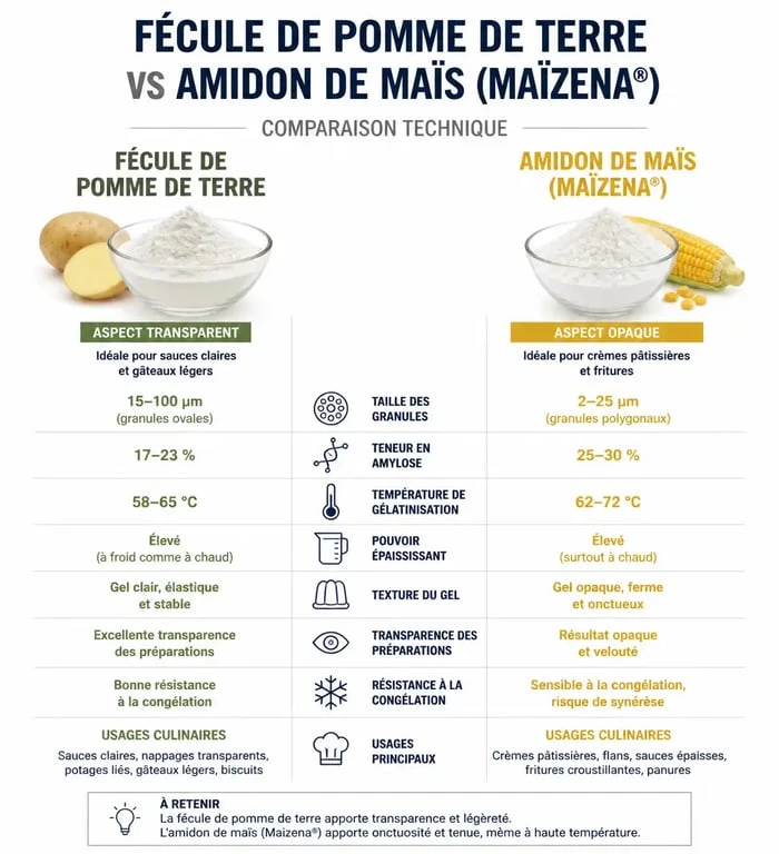 Infographie comparative fécule de pomme de terre vs Maïzena pour la cuisine