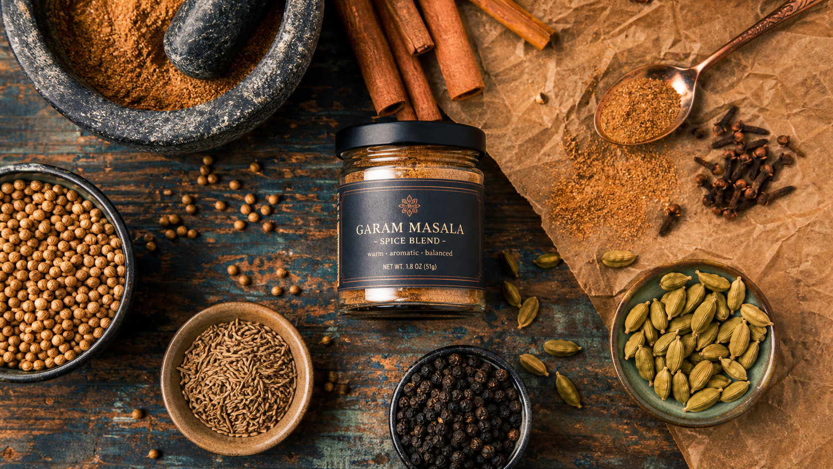Garam masala composition : bocal d’épices torréfiées