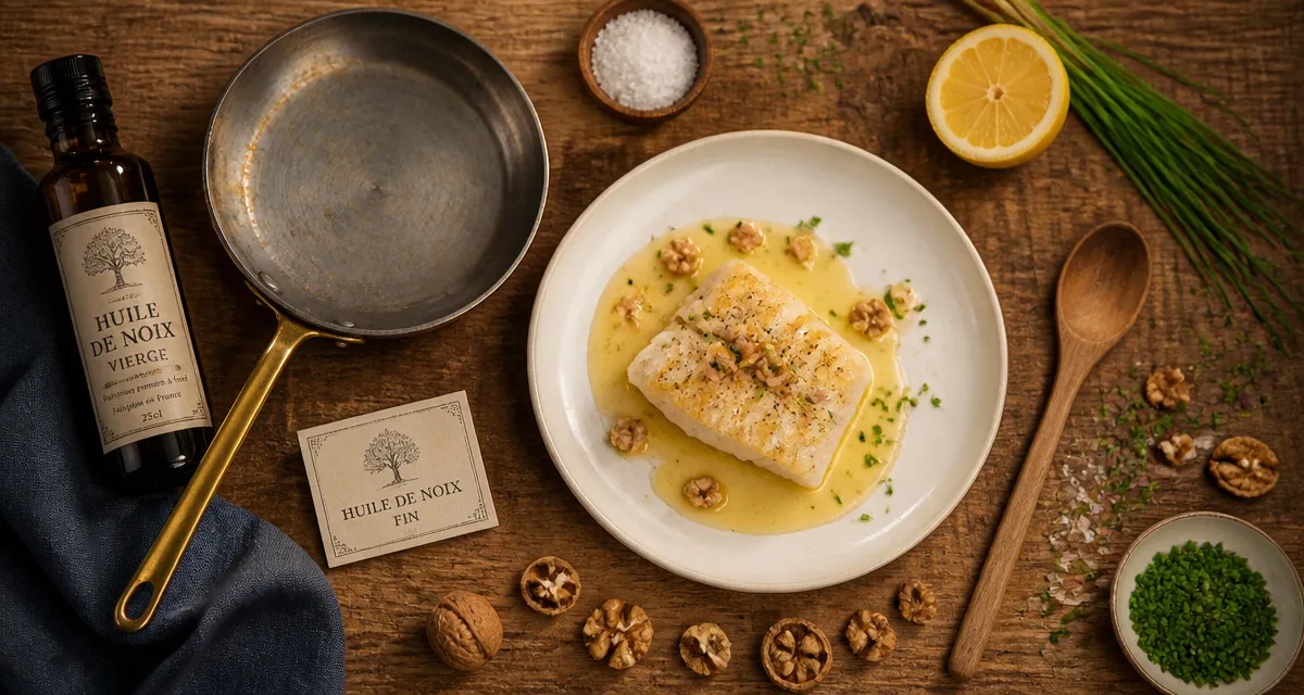 Huile de noix cuisson à froid sous 140°C, filet sur cabillaud