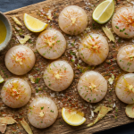 marinade saint-jacques avant cuisson sur planche citron gingembre