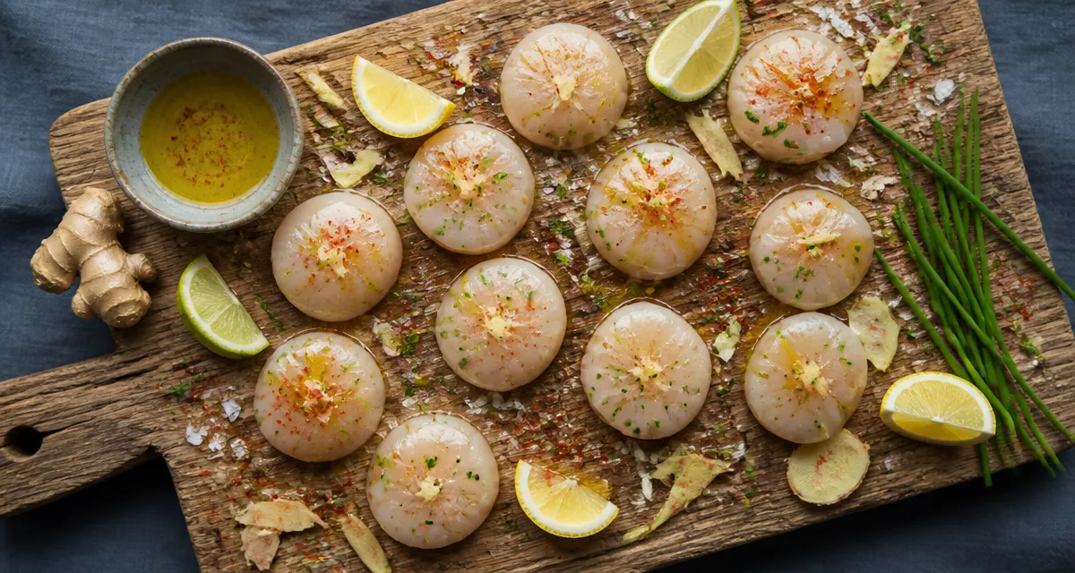 marinade saint-jacques avant cuisson sur planche citron gingembre