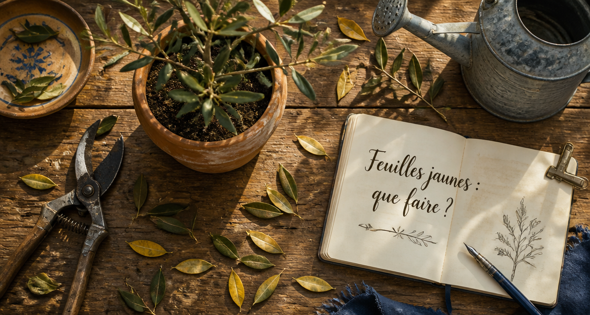 olivier feuille jaune sur table avec outils de jardinage